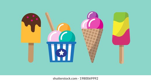 Ice cream summer delicacy dessert. Flat style illustration.