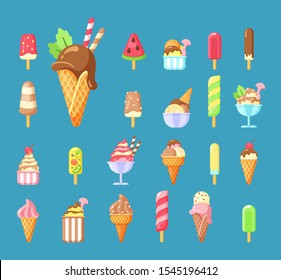 Ice cream, summer dessert cartoon vector illustrations set. Frozen fruit juice, tasty popsicle isolated cliparts pack. Scoops in waffle cones design elements. Flavored gelato, sundae stickers