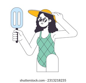 Ice cream in summer flat line vector spot illustration. Sunglasses young woman enjoying summer break 2D cartoon outline character on white for web UI design. Editable isolated colorful hero image