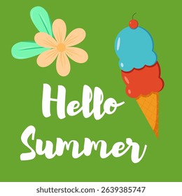 Ice cream Summer holiday present. Summer banner, Exotic Floral Invitation, Flyer or Card.