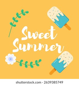 Ice cream Summer holiday present. Summer banner, Exotic Floral Invitation, Flyer or Card.