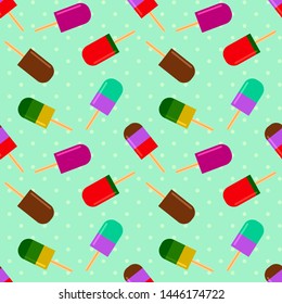ice cream summer pattern with fruity popsicle on a polka dot background. summertime seamless pattern with  pop stick. Summer tropical elements vector for girls and boys
