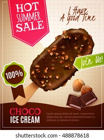 Ice cream summer sale vector illustration with advertising of chocolate eskimo pie with nuts in realistic style