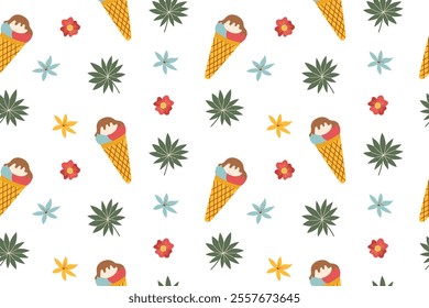 Ice cream summer seamless pattern. Ice cream, leaves and flowers on white background. 