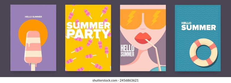 Ice cream, Summer sun, woman with sunglasses and cocktail, Lifebuoy in water.Summer time and vacations background patterns and posters set.  Perfect background for posters, cover art, flyer, banner. 