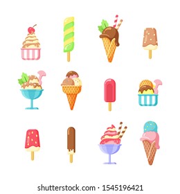 Ice Cream, Summer Tasty Snack Cartoon Vector Illustrations Set. Frozen Fruit Juice And Popsicle On Stick Isolated Cliparts Pack. Scoops In Waffle Cones. Flavored Gelato, Sundae In Cup Stickers