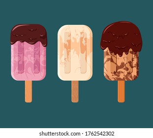 Ice cream. It's summer. Vector illustration. Cool. Marble ice cream on a stick. Chocolate frosting. 