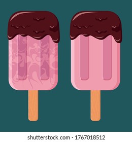 Helado. Es verano. Ilustración vectorial. Genial. Helado de mármol en un palo. Escarcha de chocolate. 