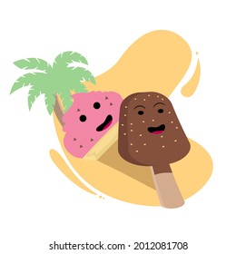 Ice cream in summer vibes with coconut tree cute character style in doodle art