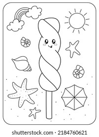 Ice cream, sun, shells, starfish.Cheerful vector illustration. Coloring. Kawaii.