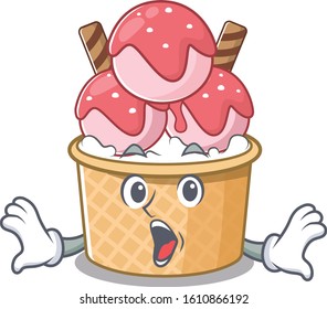 Ice cream sundae cartoon character design on a surprised gesture