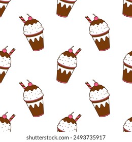 Ice cream sundae with chocolate icing in cup, seamless summer pattern on white background.