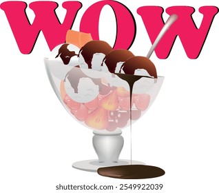 Ice cream sundae with chocolate sauce dripping, served in a glass bowl with fresh fruit and wow lettering