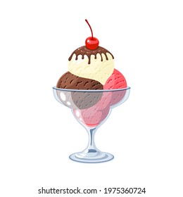 Ice cream sundae colorful scoops in transparent bowl, topped with chocolate glaze and cherry. Frozen sweet dessert, vector illustration cartoon flat icon isolated on white background.