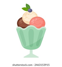 Ice cream sundae colorful scoops in transparent bowl. Frozen sweet dessert, vector illustration cartoon flat icon isolated on white background.
