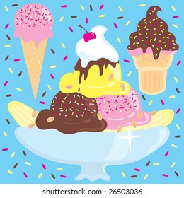 Ice Cream Sundae and ice cream cones on the blue sprinkle background