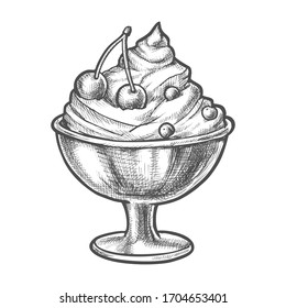 Ice cream in sundae dish bowl, vector sketch pencil hatching design. Ice cream or whipped cream dessert with cherry berries bowl cup, gelateria cafeteria frozen desserts menu