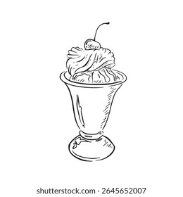 An ice cream sundae drawn in black and white with a cherry on top with whipped cream