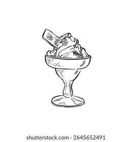 An ice cream sundae drawn in black and white with a wafer in the top.