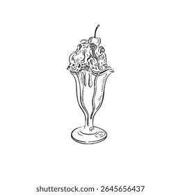 An ice cream sundae drawn in black and white with a cherry on top with whipped cream