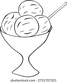 Ice Cream Sundae Com quatro sabores diferentes e colher Composição café mão desenhada ilustração. Tinta de linha gráfica vetorial Black white art. para pacote, design de férias, tecido e têxtil.
