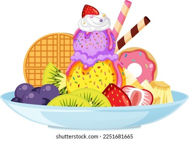 Ice cream sundae with fruit toppings illustration