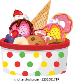 Ice cream sundae with fruit toppings illustration