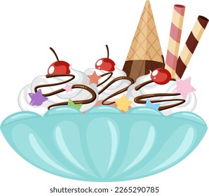 Ice cream sundae with fruit toppings illustration