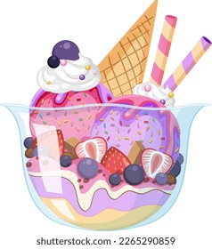 Ice cream sundae with fruit toppings illustration