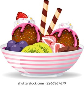 Ice cream sundae with fruit toppings illustration