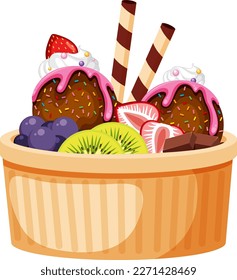 Ice cream sundae with fruit toppings illustration