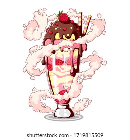 Ice cream in sundae glass dish cup with sliced strawberry, chocolate, dragee and wafer stick. Vector hand drawn illustration isolated on white background. Tasty vanilla strawberry sundae bowl 