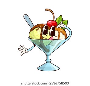 Helado y helado en vidrio de carácter groovy. Postre del menú de la chatarra, bocado dulce o comida rápida de la comida del café de la historieta aislada mascota del Vector. Menú para llevar helado alegre carácter groovy o personaje