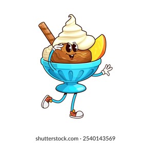 Ice cream sundae groovy character. Cartoon vector delightful dessert bowl, topped with chocolate and creamy swirls, wafer stick and fruit slice. Joyful summer treat personage exudes retro funky vibes