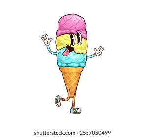 Ice cream sundae groovy character in retro cartoon, vector funny gelato emoji. Groovy ice cream scoops in wafer cone with psychedelic silly face and crazy freaky tongue out for dessert character