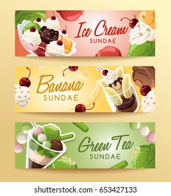 Ice Cream Sundae in Horizontal Banner : Vector Illustration
