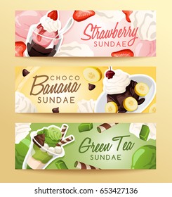 Ice Cream Sundae in Horizontal Banner : Vector Illustration