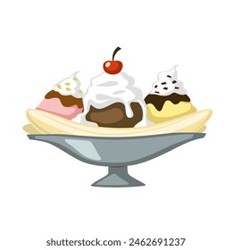 Ice cream sundae icon isolated on a white background. Chocolate and fruit ice cream cup with cherry 