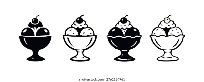 Ice cream sundae icon set. Delicious dessert with scoops, whipped cream, and cherry in various black and white vector styles.
