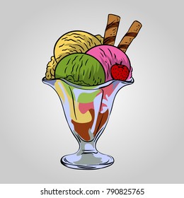 Ice cream sundae. Line art vector illustration. 