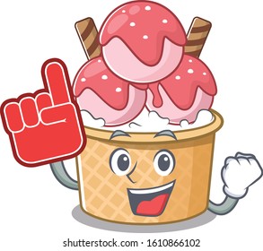 Ice cream sundae mascot cartoon style holding a Foam finger