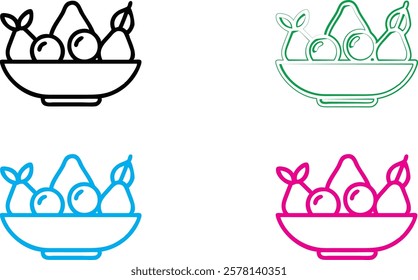 Ice cream sundae, minimalist icon, simplified bowl design, colorful variations, fruit toppings, dessert illustration, clean lines, graphic style, vector art, flat colors, symmetrical composition, food