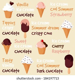 Ice cream sundae seamless pattern, retro set, vector illustration background