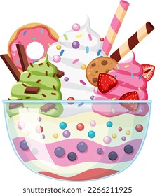 Ice cream sundae served in a glass bowl illustration