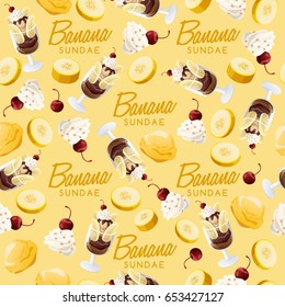 Ice Cream Sundae Set : Banana Sundae Seamless Pattern : Vector Illustration