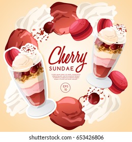 Ice Cream Sundae Set : Cherry Sundae : Vector Illustration