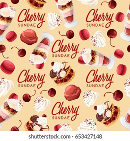 Ice Cream Sundae Set : Cherry Sundae Seamless Pattern : Vector Illustration