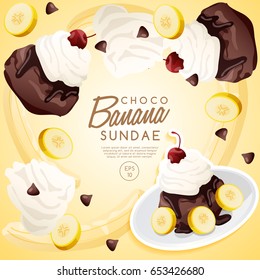 Ice Cream Sundae Set : Chocolate Banana Sundae : Vector Illustration