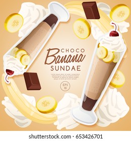 Ice Cream Sundae Set : Chocolate Banana Sundae : Vector Illustration