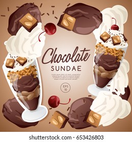 Ice Cream Sundae Set : Chocolate Sundae With Brownie : Vector Illustration